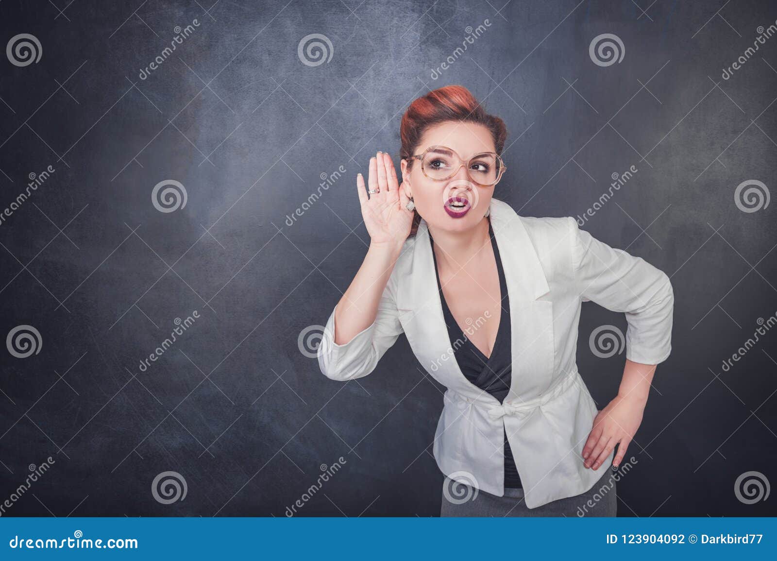 Funny Woman Eavesdrop on Blackboard Background Stock Photo Image of