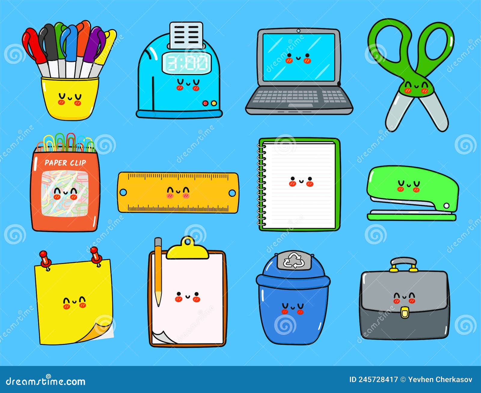 Funny Happy Work Items Characters Bundle Set. Vector Hand Drawn Doodle