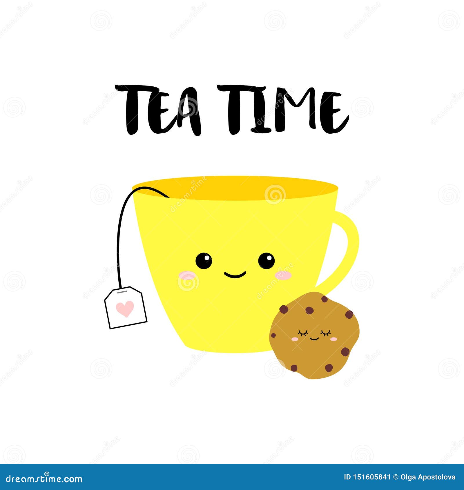 Funny Yellow Cup of Tea and Cookie on White Background. Tea Time Vector  Card Stock Vector - Illustration of food, cookies: 151605841