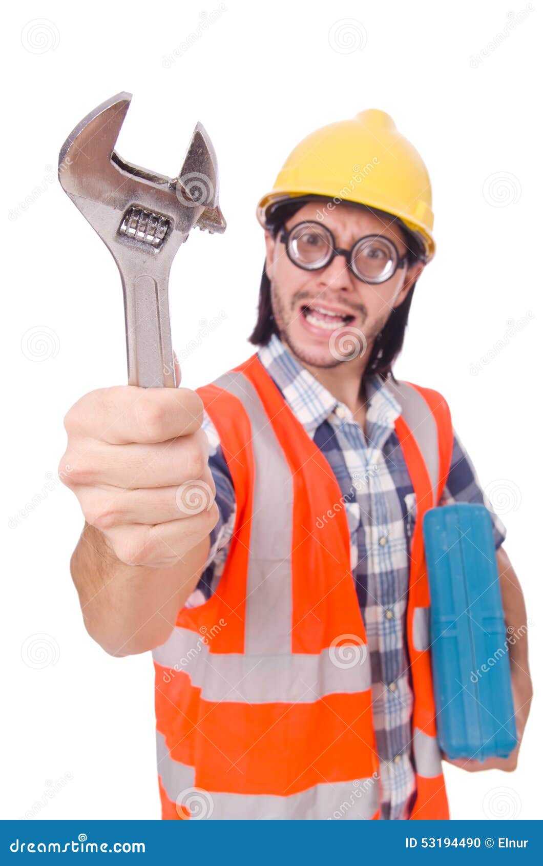 Funny Young Construction Worker with Toolbox and Stock Photo Image of