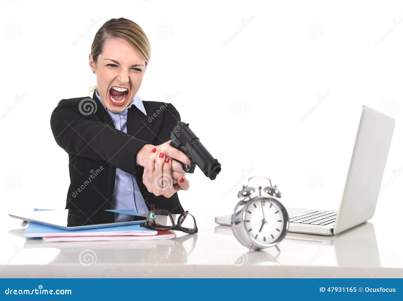 furious angry businesswoman working pointing gun to alarm clock out time concept young attractive computer laptop 47931165