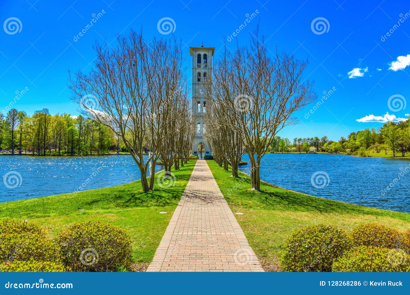 furman swan lake and bell tower in greenville, south carolina