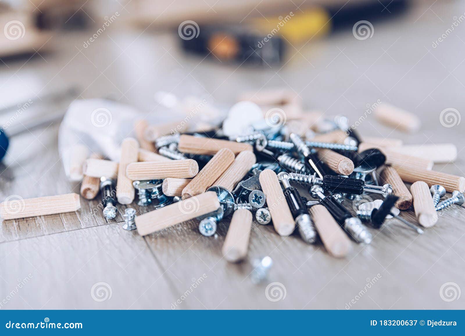 Various Types of Screws, Connectors and Tools. Furniture Assembly