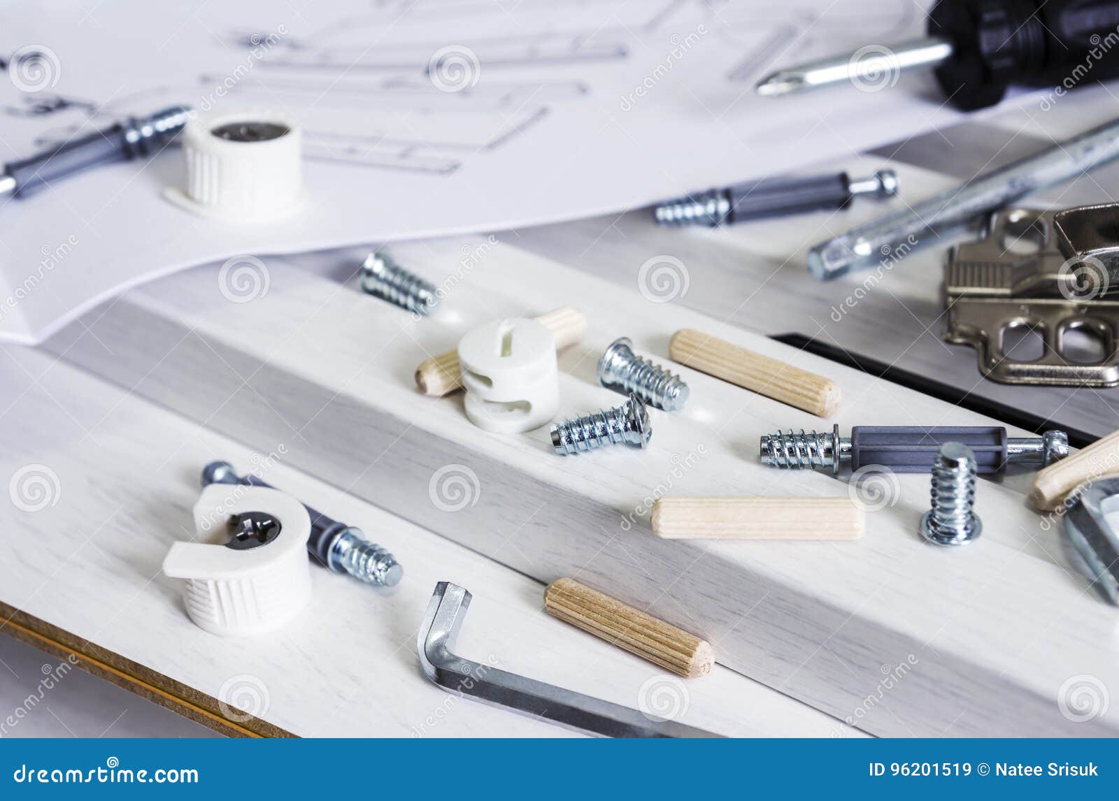 furniture assembly concept of tool and white wood