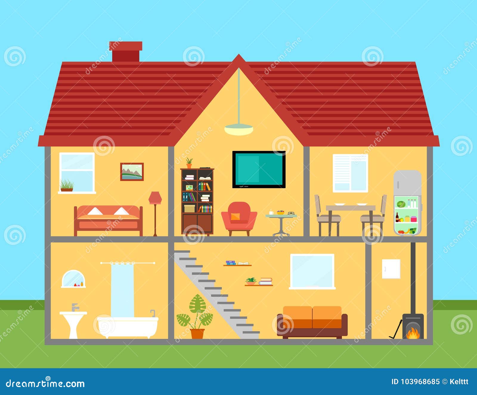 Furniture on House in Cut with Furnishing Rooms Detailed Stock Vector ...