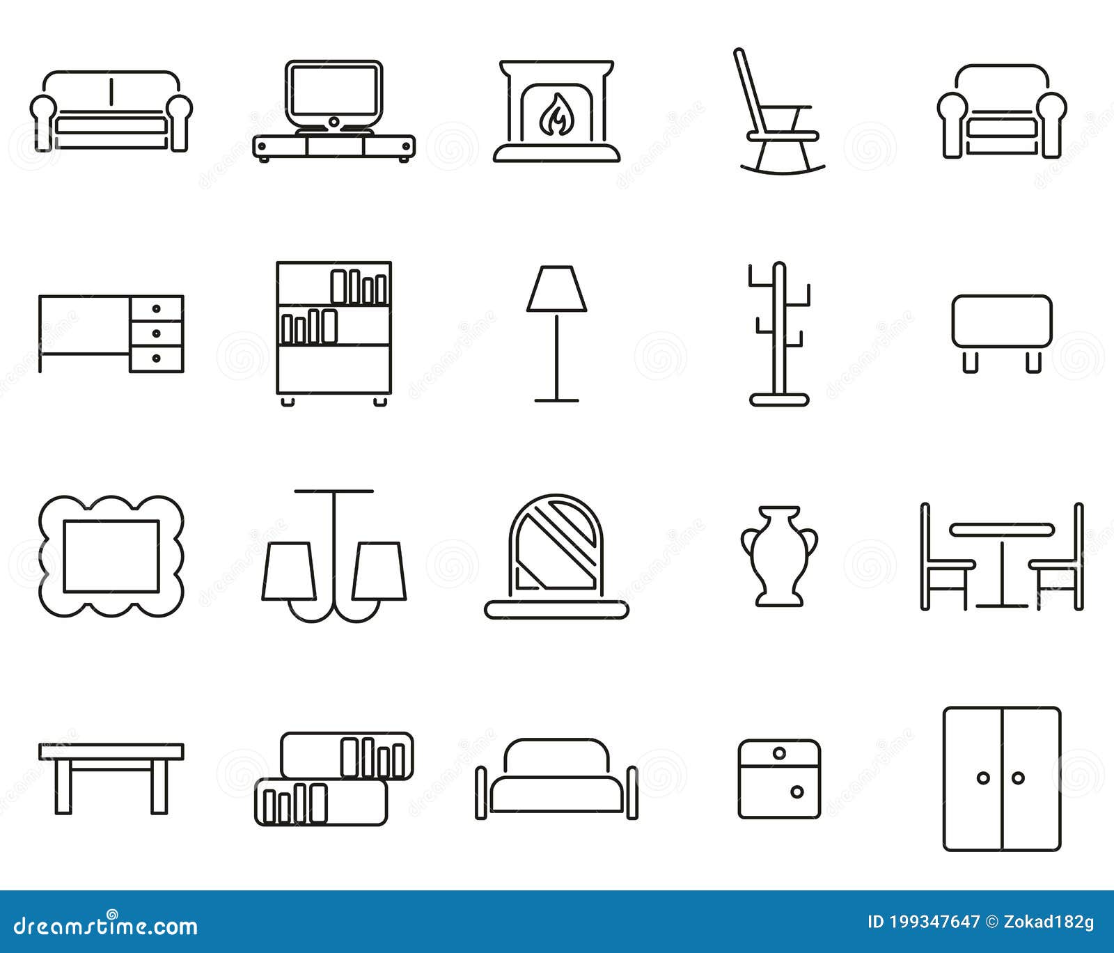 Furniture Icons Black & White Thin Line Set Big Stock Vector