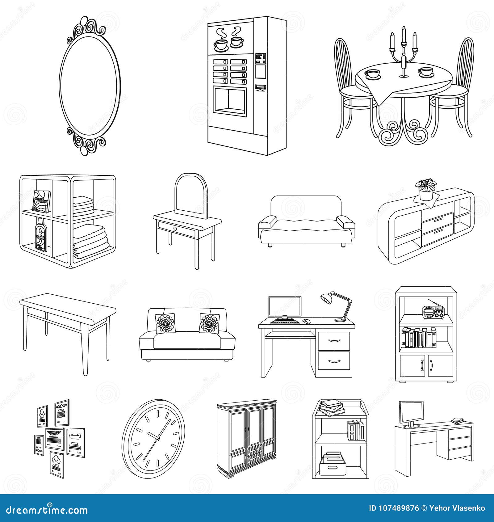 Furniture And Interior Outline Icons In Set Collection For Design