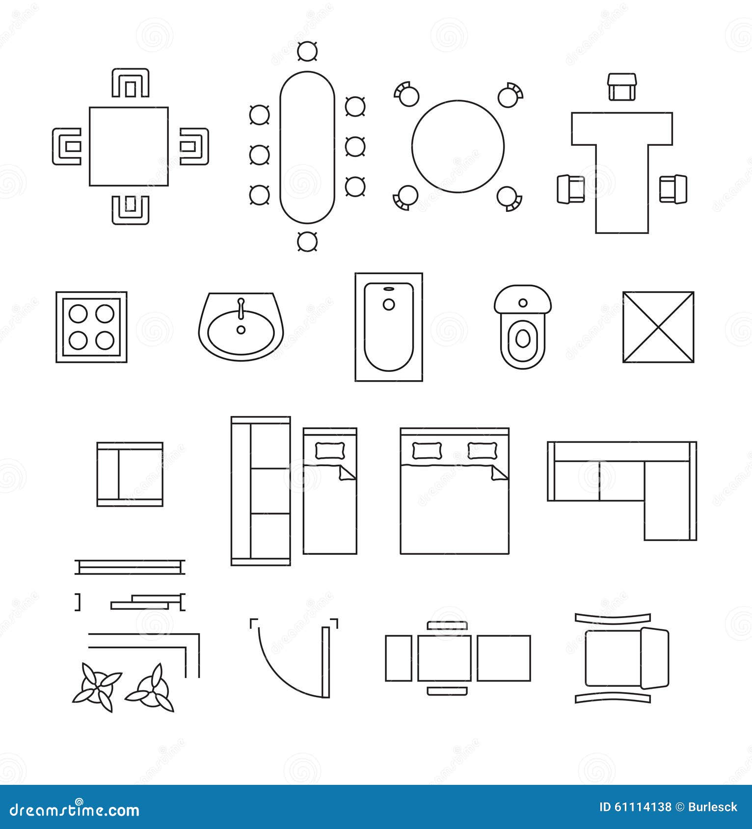 furniture linear vector symbols floor plan icons set interior toilet washbasin bath table chair illustration 61114138