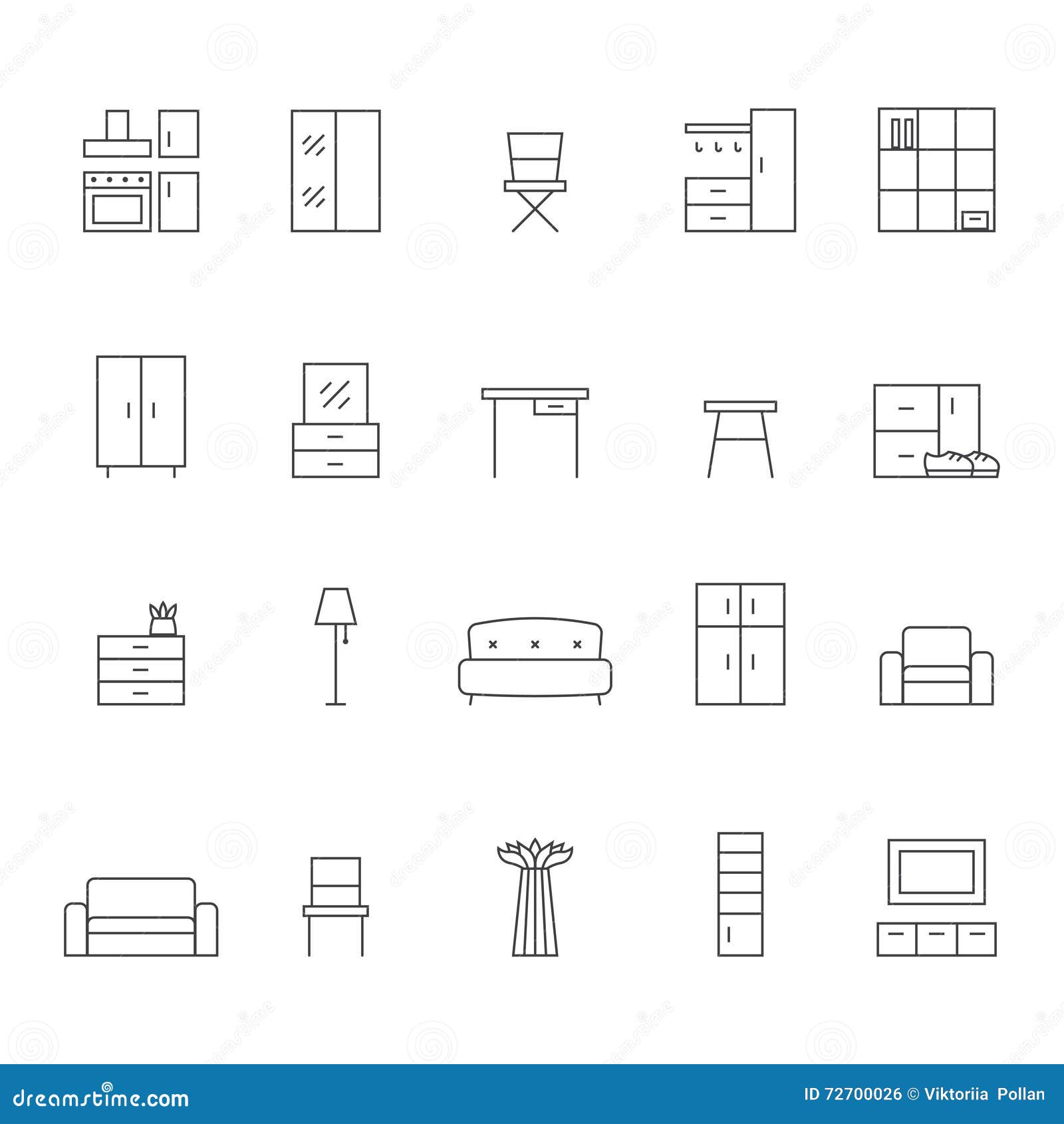 Furniture Outline Vector Icon Set. Modern Minimalistic Design. Stock
