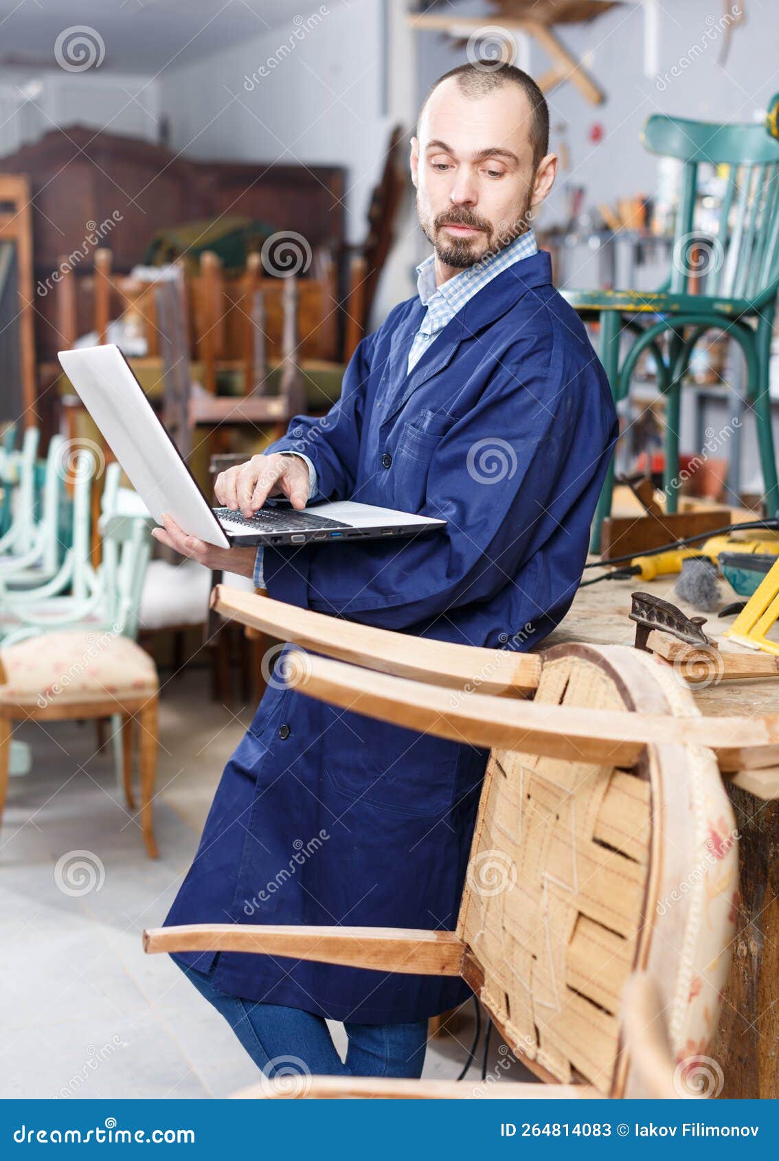 Restorer Using Laptop in Process of Renovation Stock Image Image of