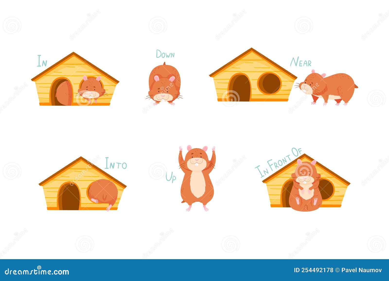 furry brown hamster with wooden house demonstrating english preposition of movement  set