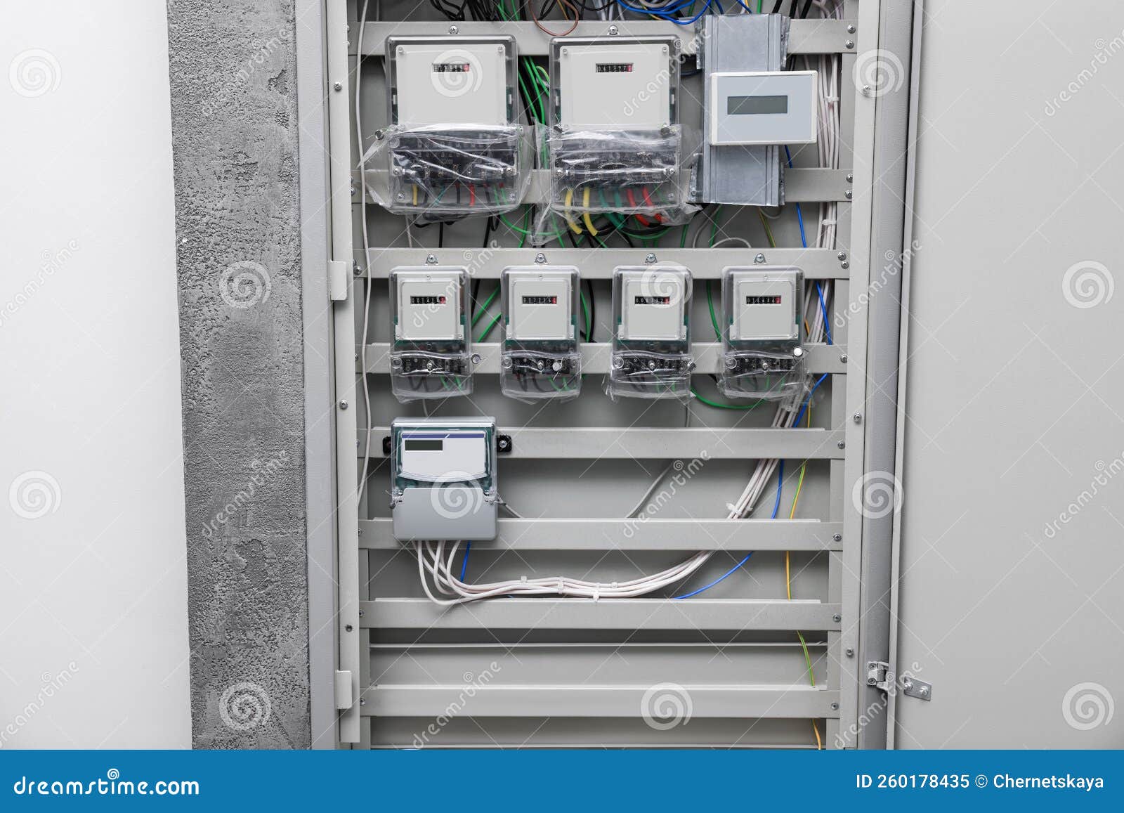 Fuse Box with Many Electric Meters and Wires Stock Image Image of