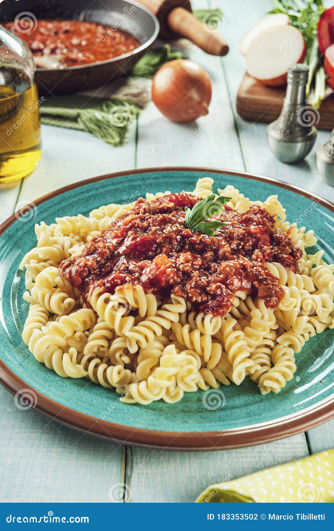 Fusilli Pasta on a Green Table with Ingredients Stock Photo Image of