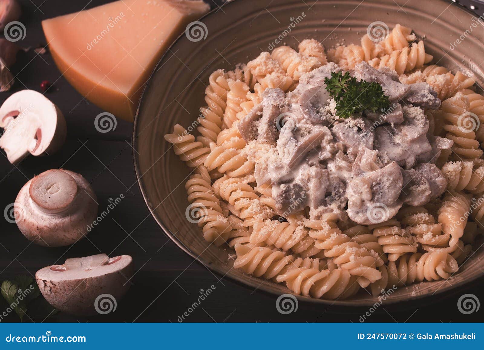 Fusilli Pasta, with Champignons in Cream Sauce, Top View, with ...