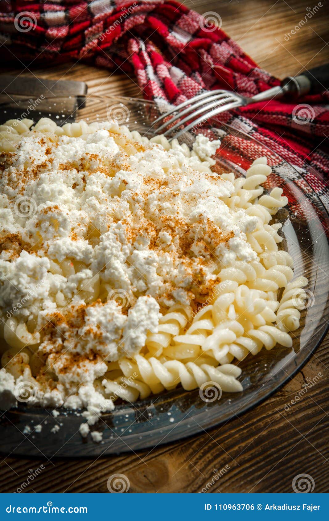 Fusilli Pasta With Cottage Cheese Sugar And Cinnamon Stock Photo