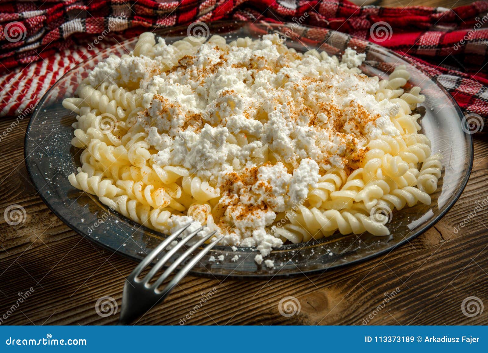 Fusilli Pasta With Cottage Cheese Sugar And Cinnamon Stock Image
