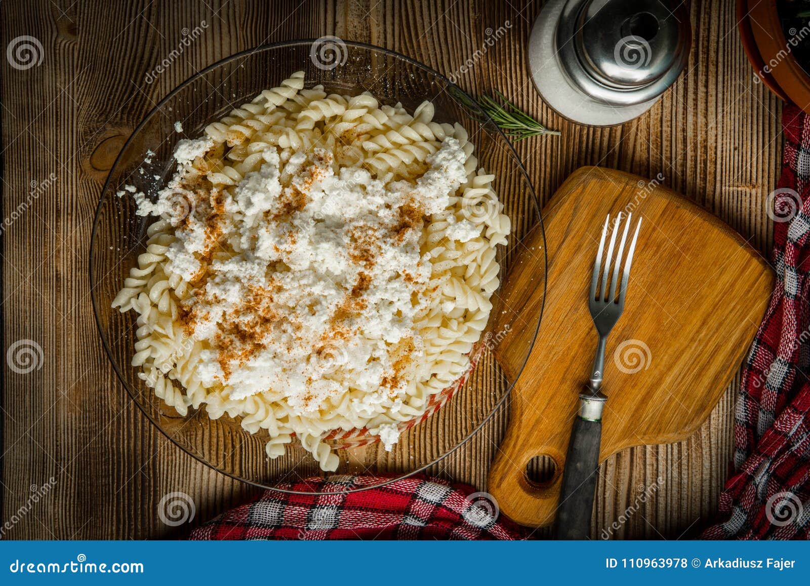 Fusilli Pasta With Cottage Cheese Sugar And Cinnamon Stock Photo