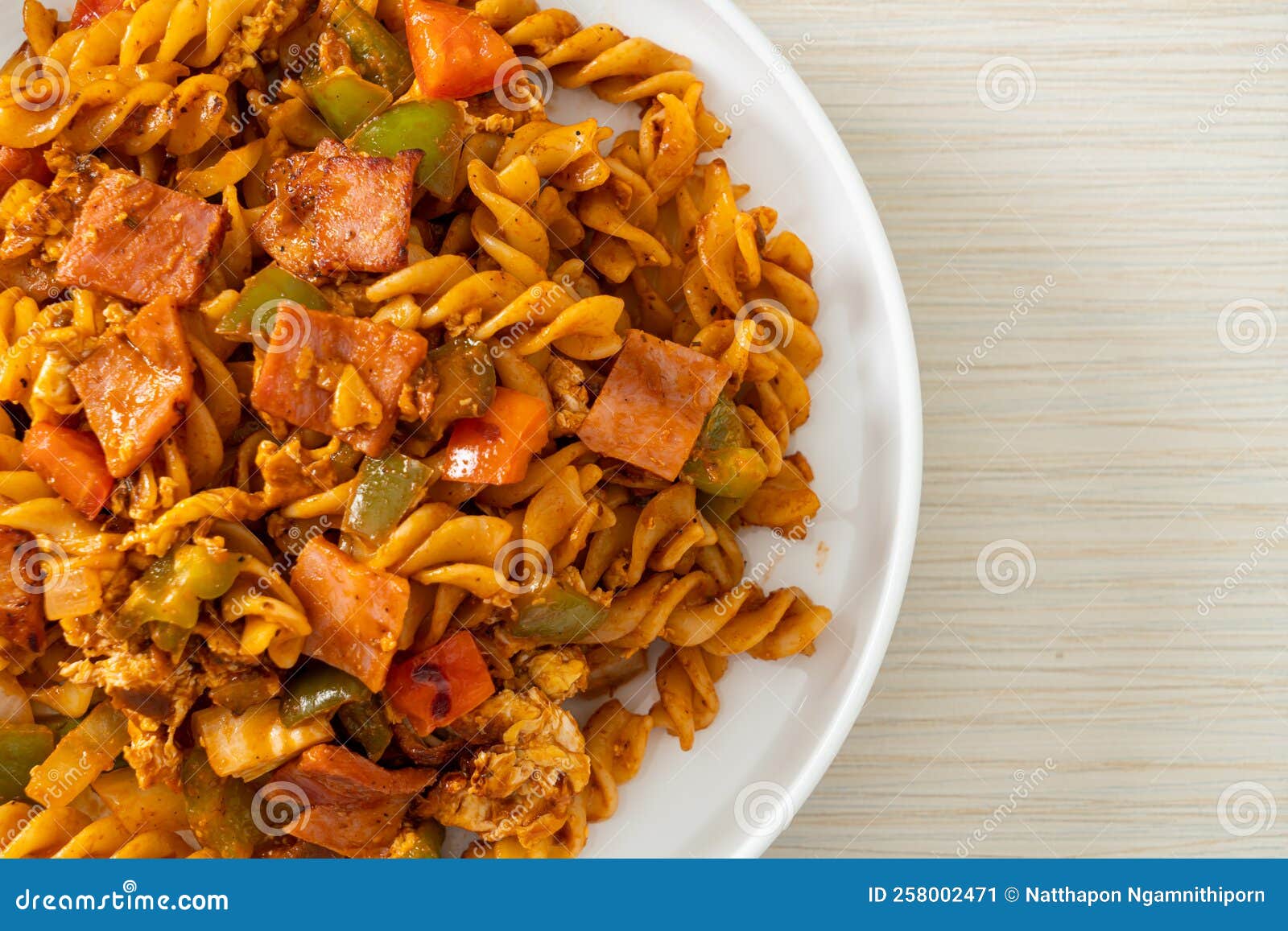 Fusilli Pasta with Ham and Tomatoes Sauce Stock Image Image of