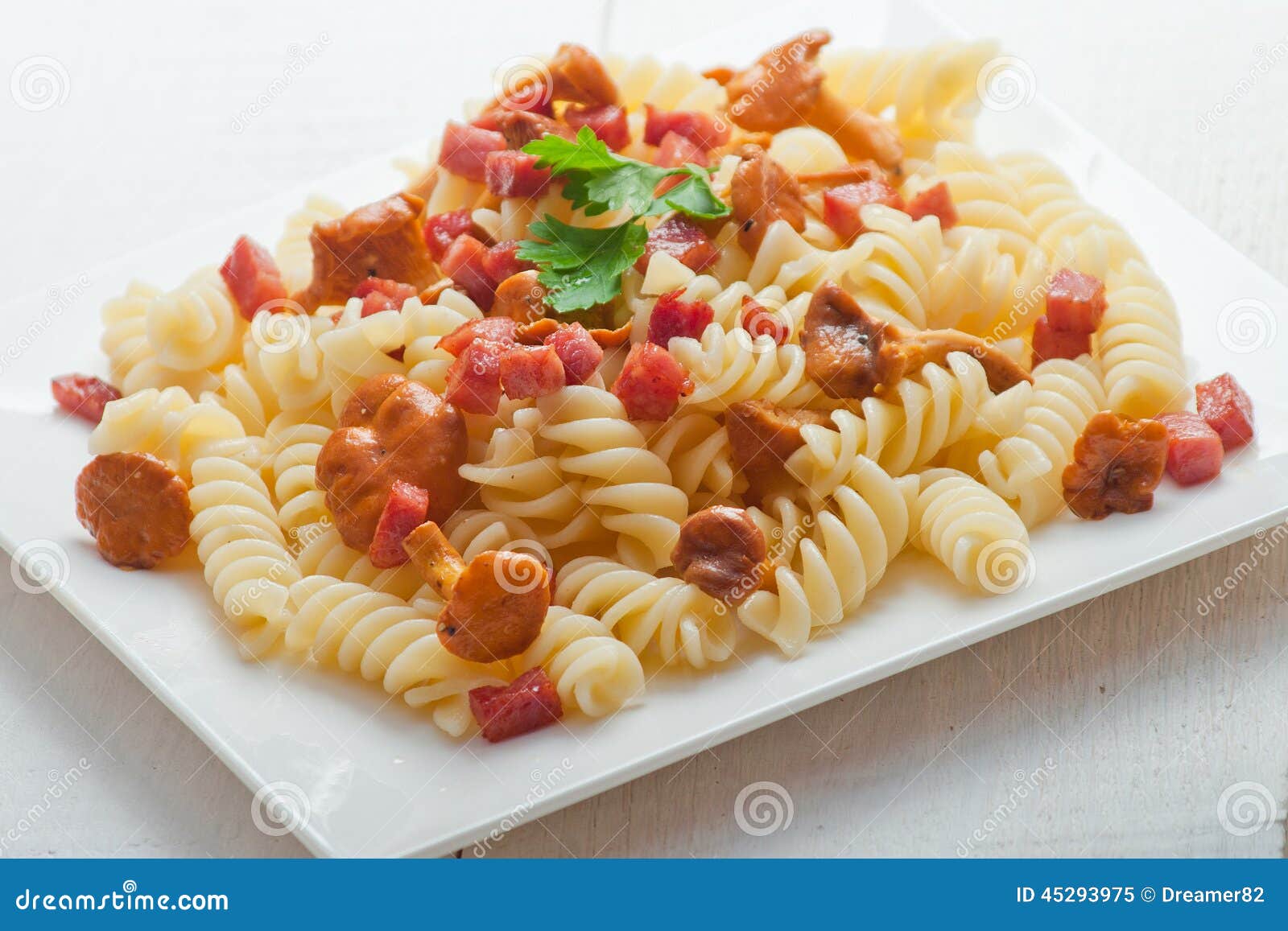 Fusilli Pasta with Mushrooms and Bacon. Stock Image Image of kitchen