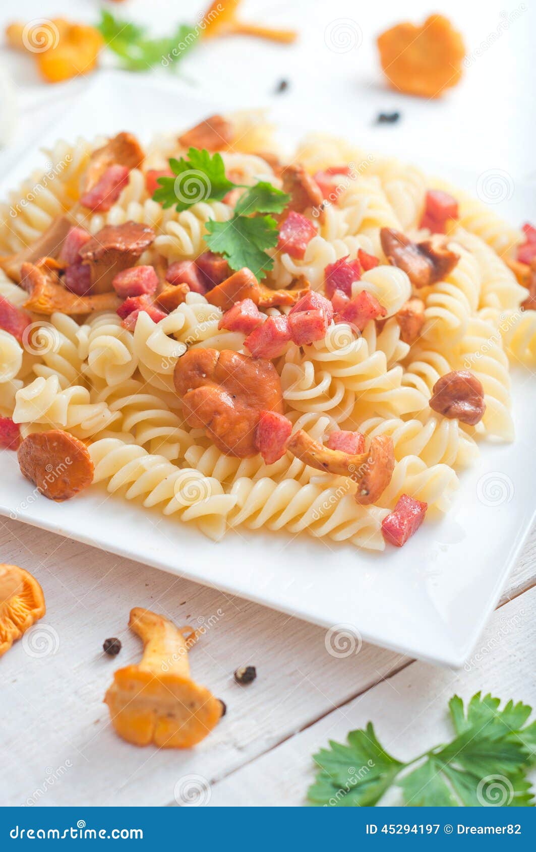 Fusilli Pasta with Mushrooms and Bacon. Stock Image Image of mushroom