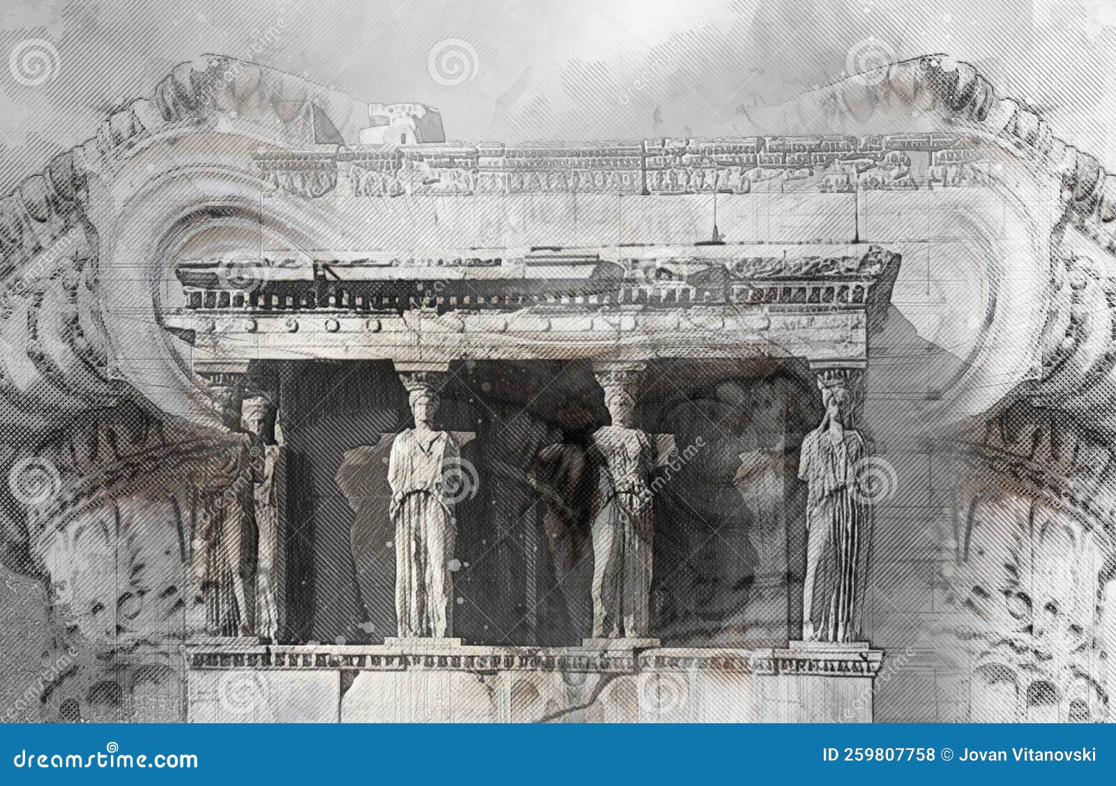 Fusion of the Greeks Pillars and Ancient Temple Stock Illustration