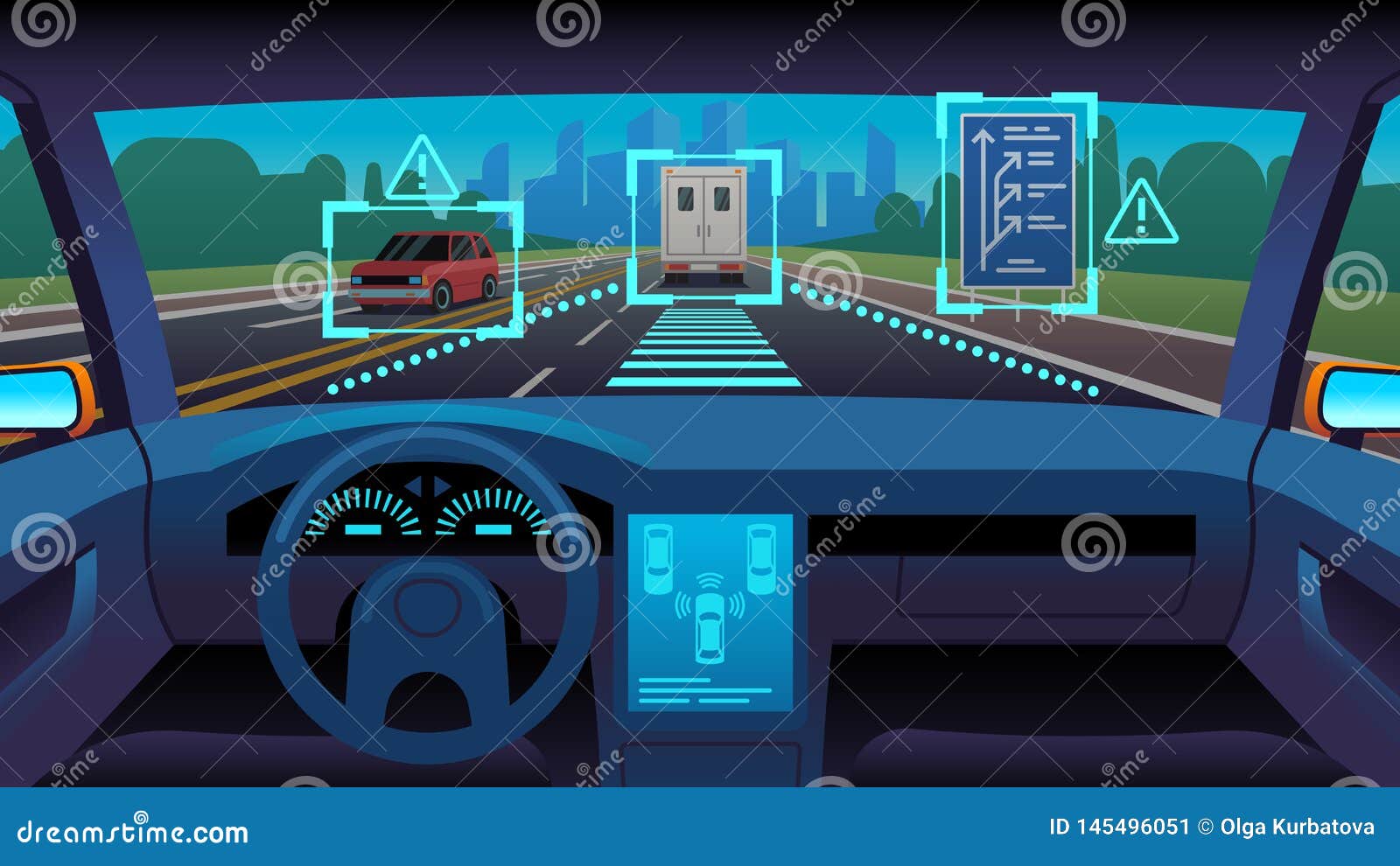 future autonomous vehicle. driverless car interior futuristic autonomous autopilot sensor system gps road, cartoon