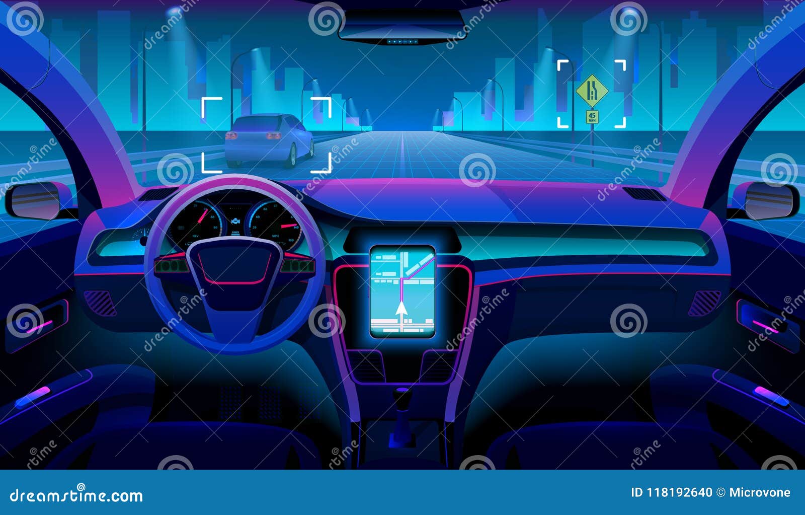 future autonomous vehicle, driverless car interior with obstacles and night landscape outside. futuristic car assistant