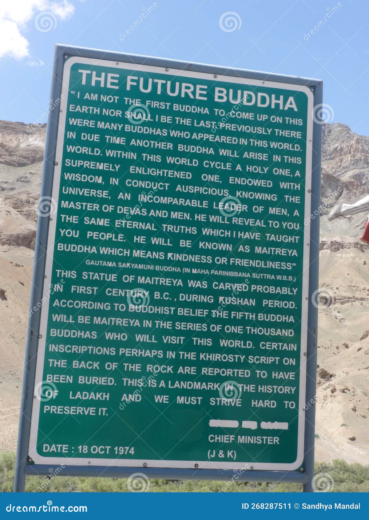 information board regarding the future buddha in ladakh, india