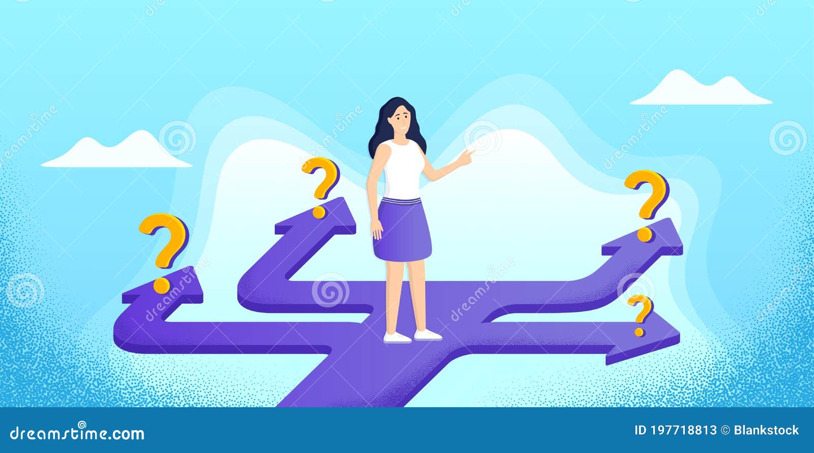 Future Path Choice. Confused Woman with Question Marks. Right Way
