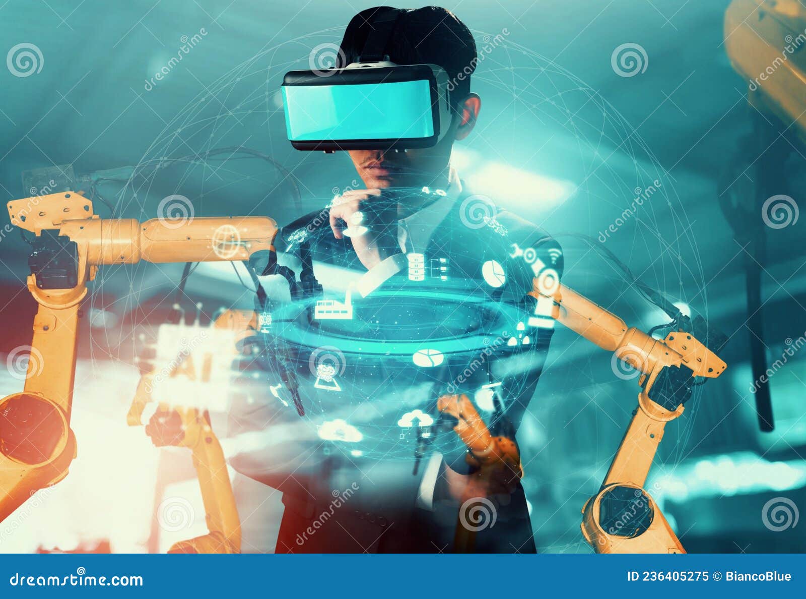Future VR Technology for Mechanized Industry Robot Arm Control Stock ...