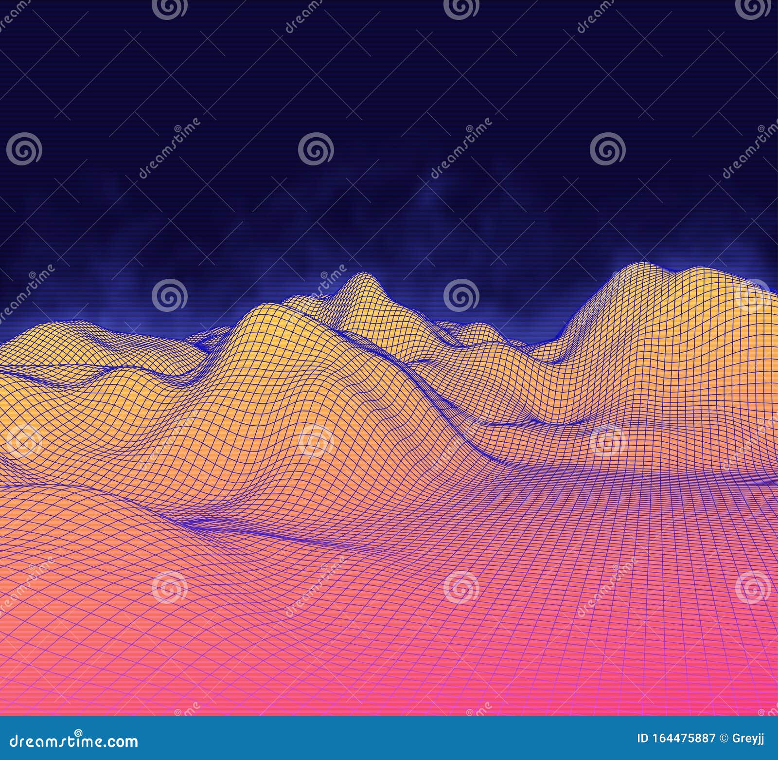 futuristic abstract wire mesh mountains. cyberspace grid landscape in 80s style
