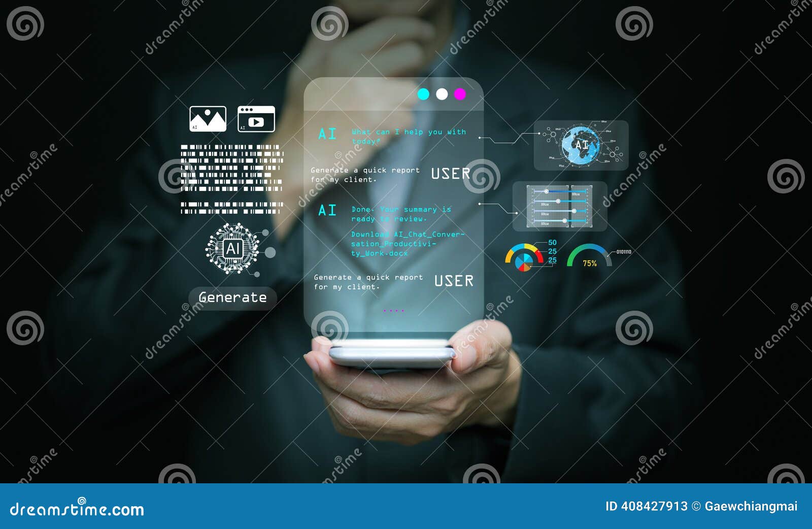 AI agent interface on smartphone 2026 trend – futuristic holographic dashboard with analytics and automation