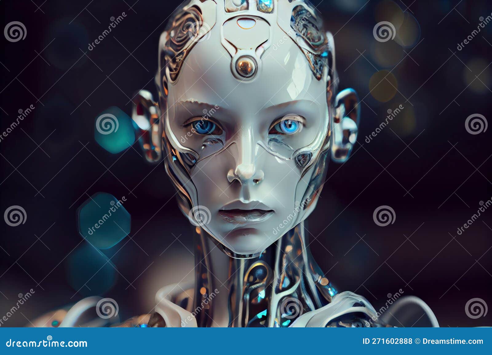 Futuristic AI Android Robot. Beautiful Female Woman Cyborg. Chat