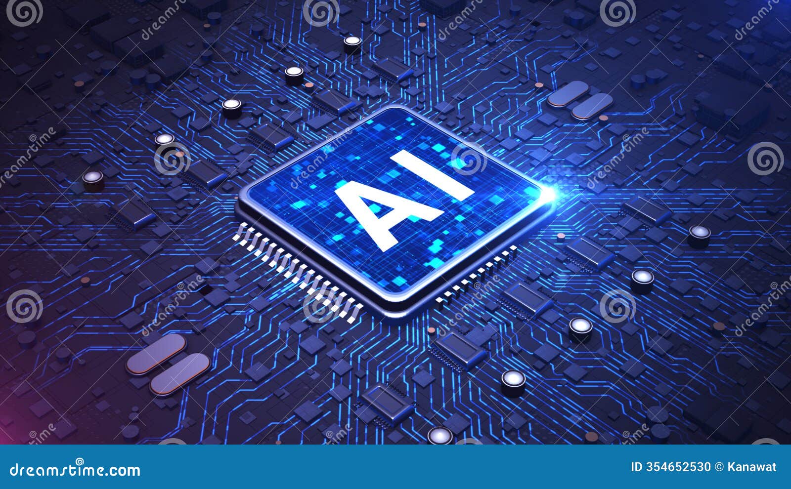 futuristic ai chip with a brain-d circuit  glowing on a high-tech blue circuit board, artificial intelligence, and