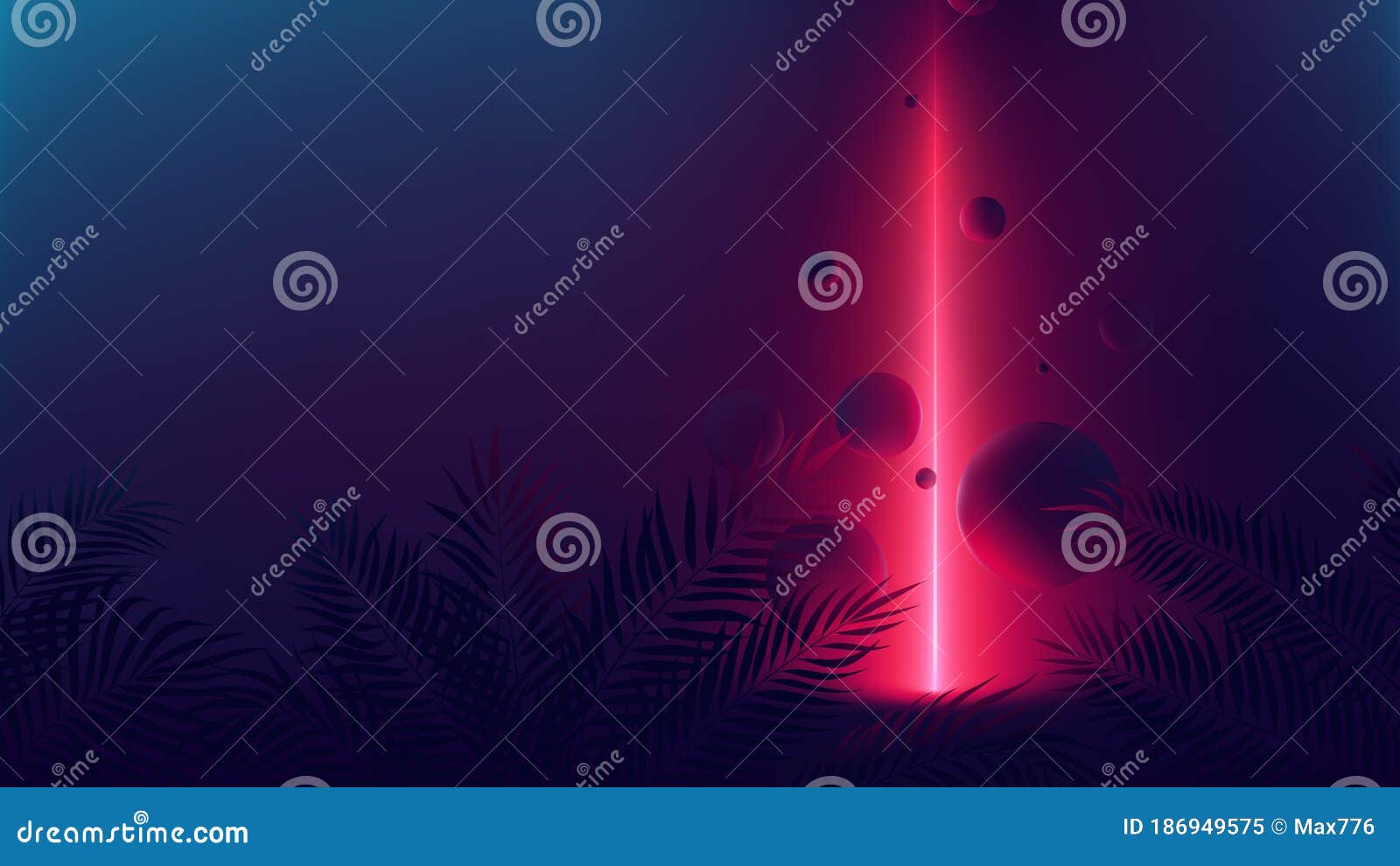 futuristic allusion red neon ray, light reflex on spheres,  background with empty space with tropical plants