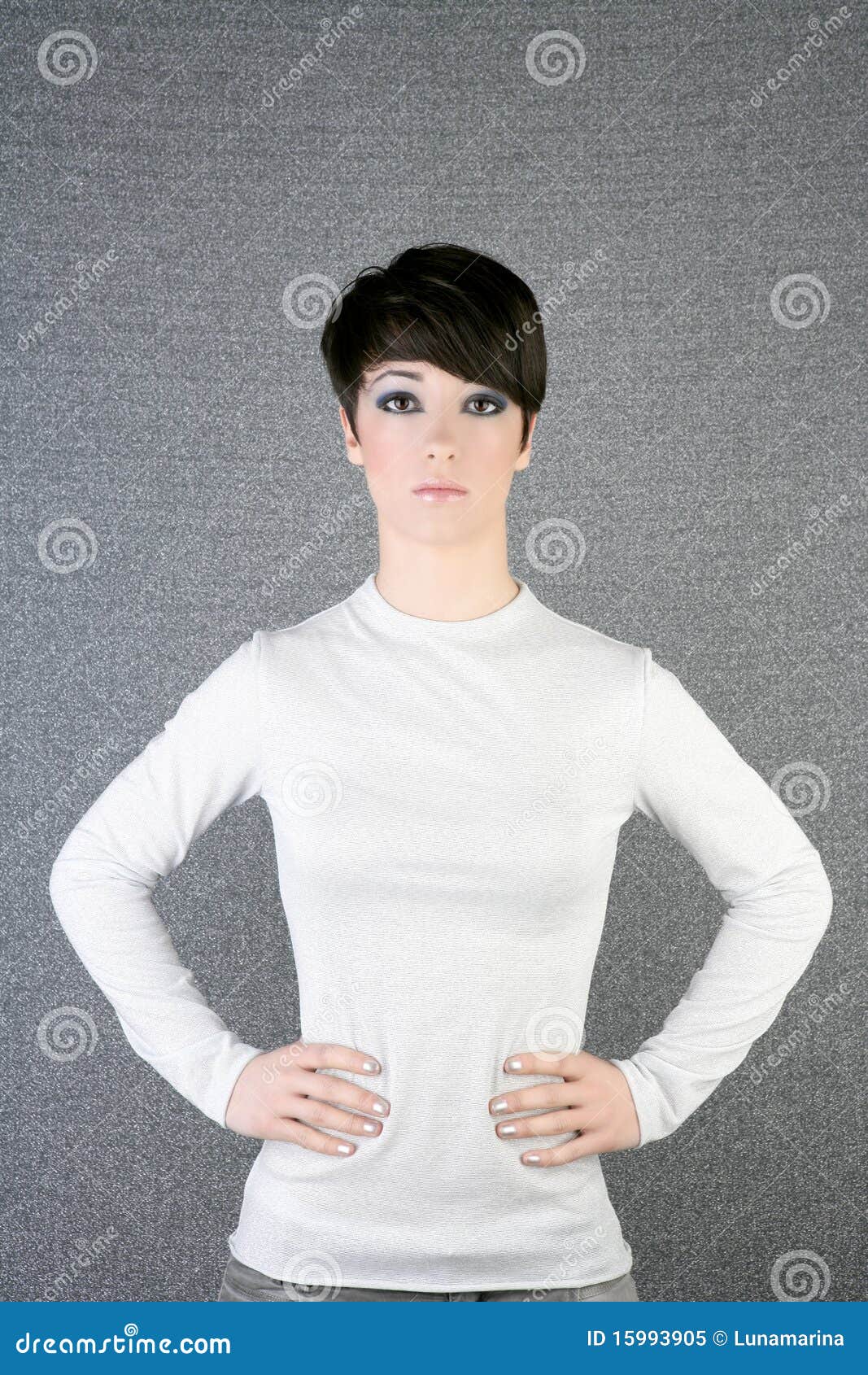 futuristic androgynous brunette woman silver