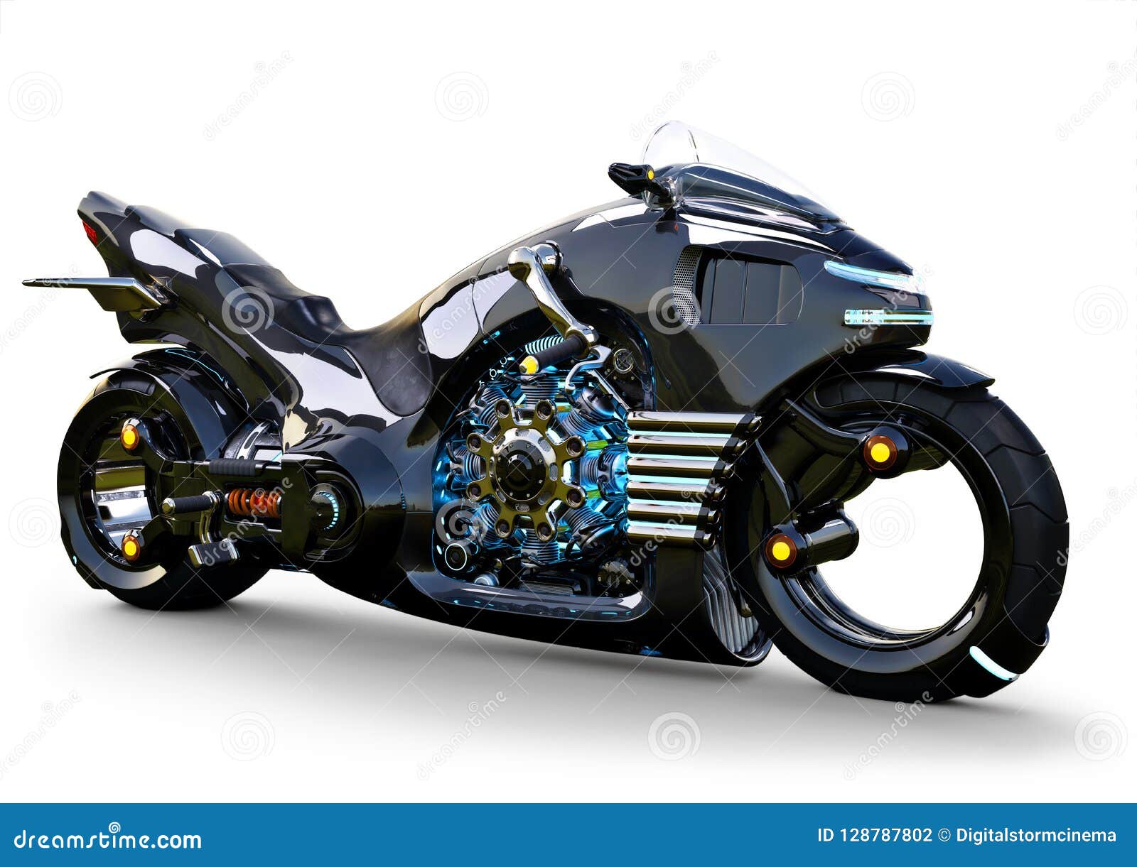 futuristic angled light cycle. motorcycle is on an  white background.