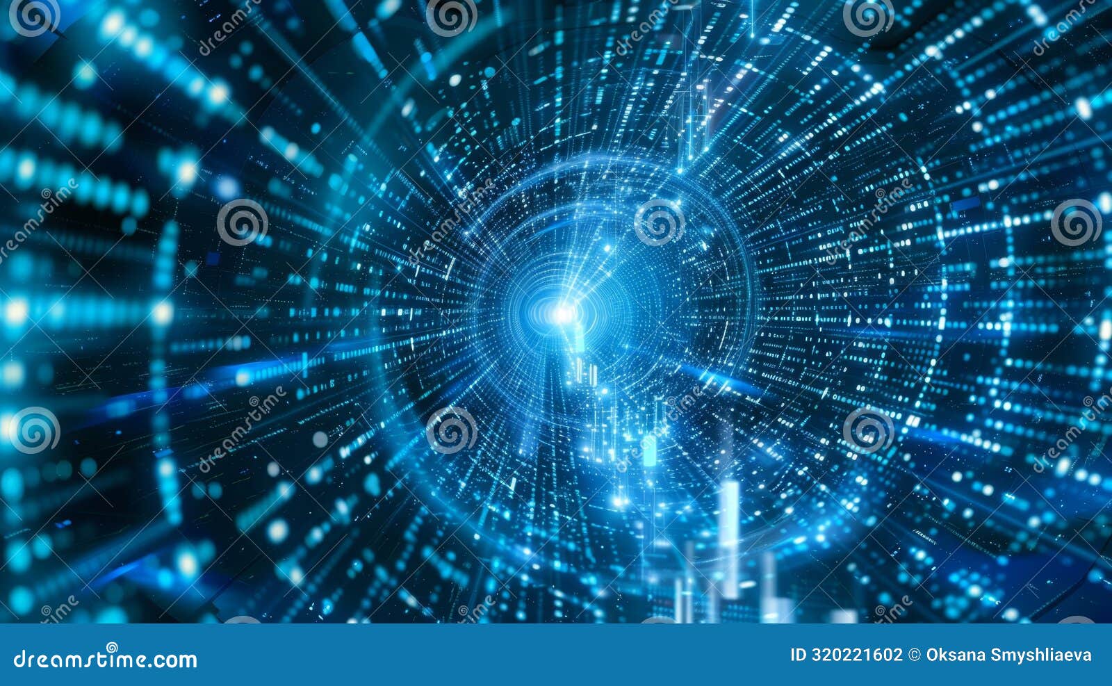 futuristic blue data tunnel with digital binary code streaming