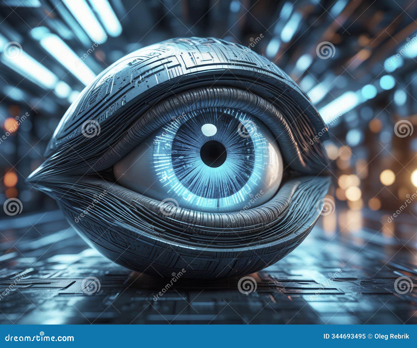 a futuristic blue eye with intricate circuitry  gazes into a vibrant, tech-inspired environment filled with lights