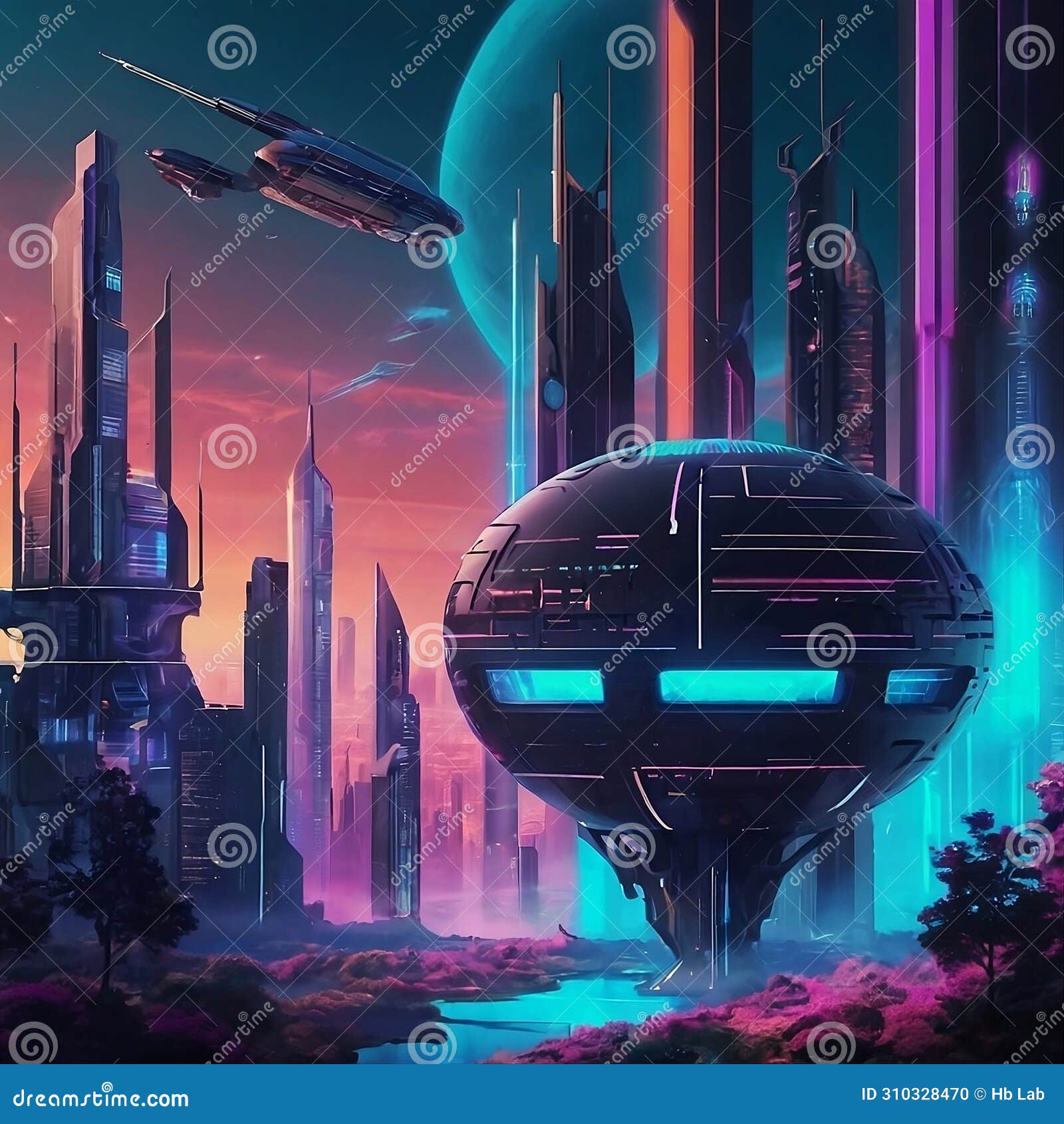 futuristic buildin with flying city futuristic. ai generative