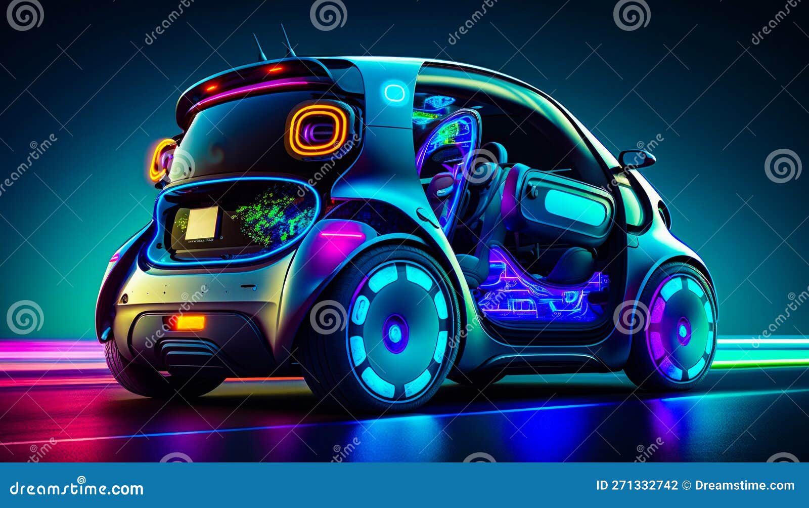 Futuristic Car with Its Door Open and Its Lights on. Generative AI