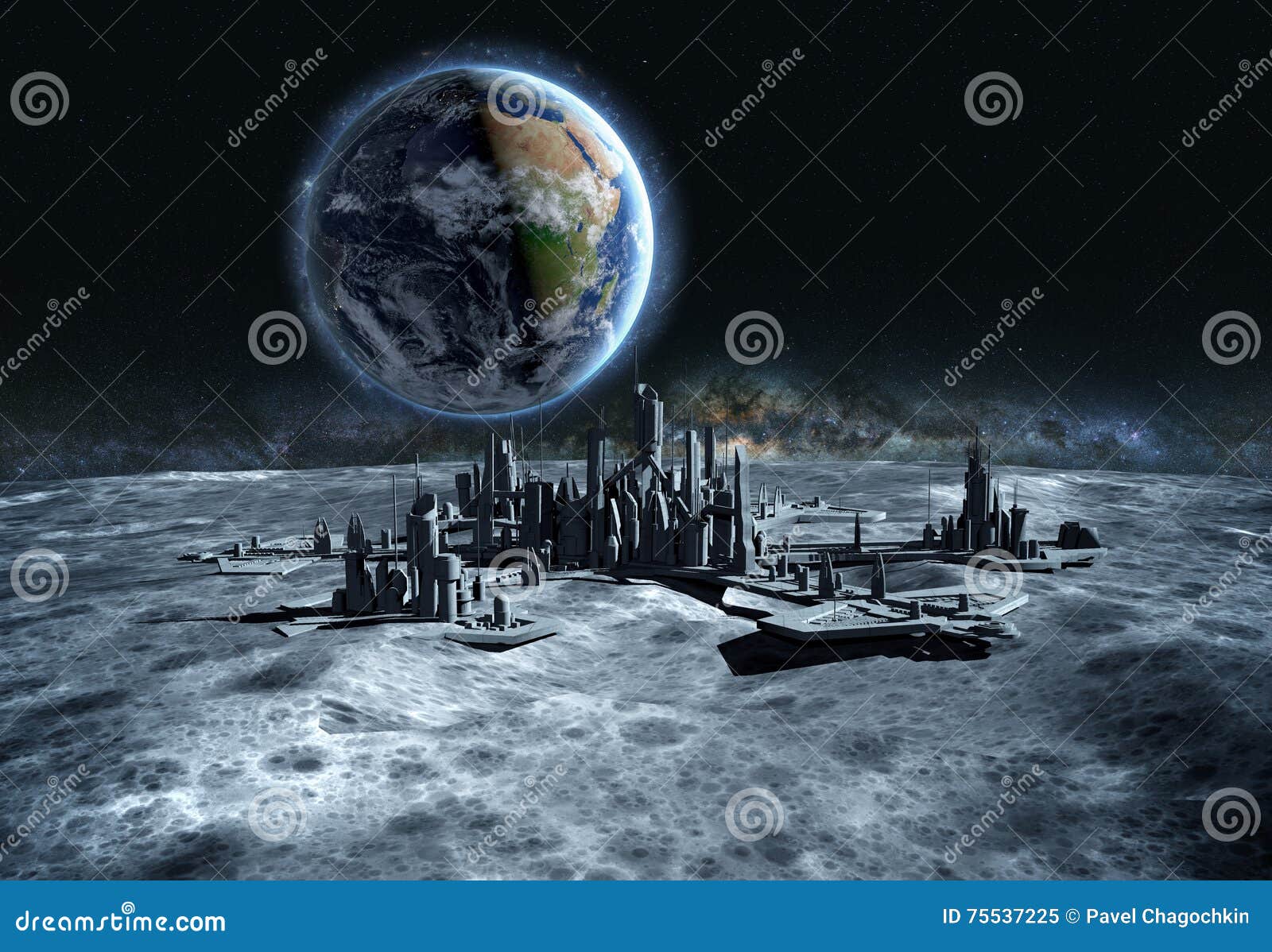 futuristic city, base, town on moon. the space view of the planet earth. expedition. 3d rendering