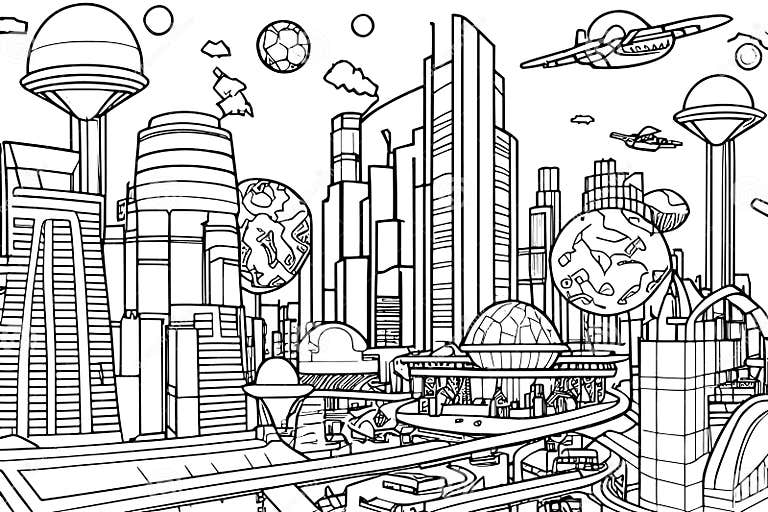 A Futuristic City Coloring Page Illustration, Featuring Tall ...