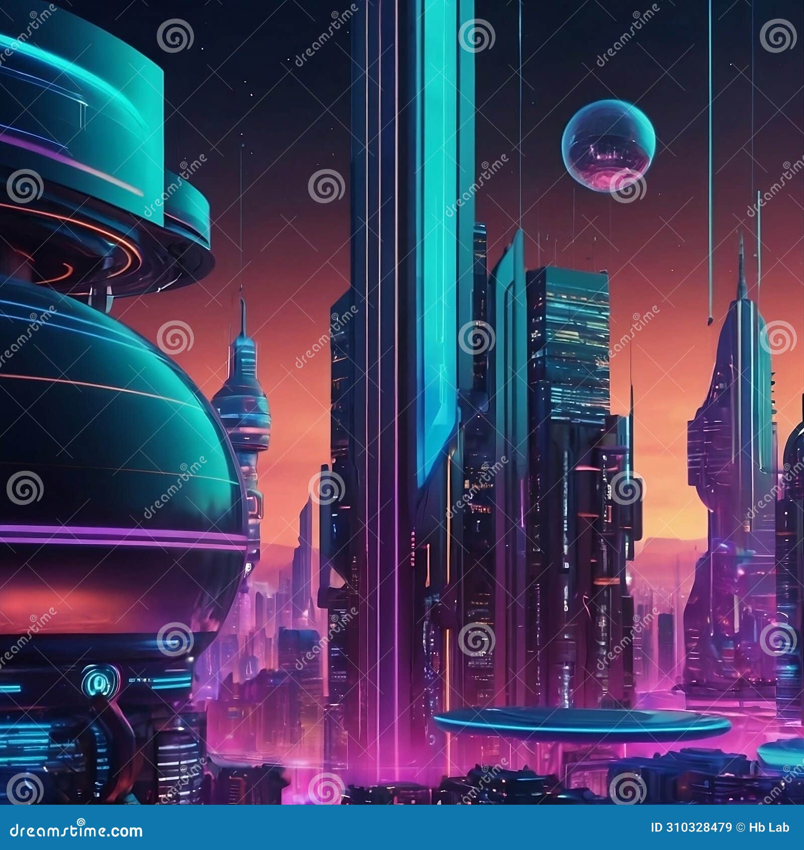 futuristic city with many buildings in a colorful electronic planet. ai generative