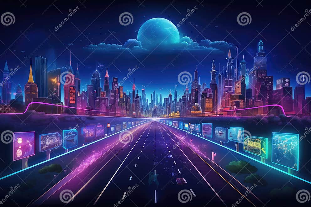 Futuristic City at Night with Neon Lights and Road. Vector Illustration