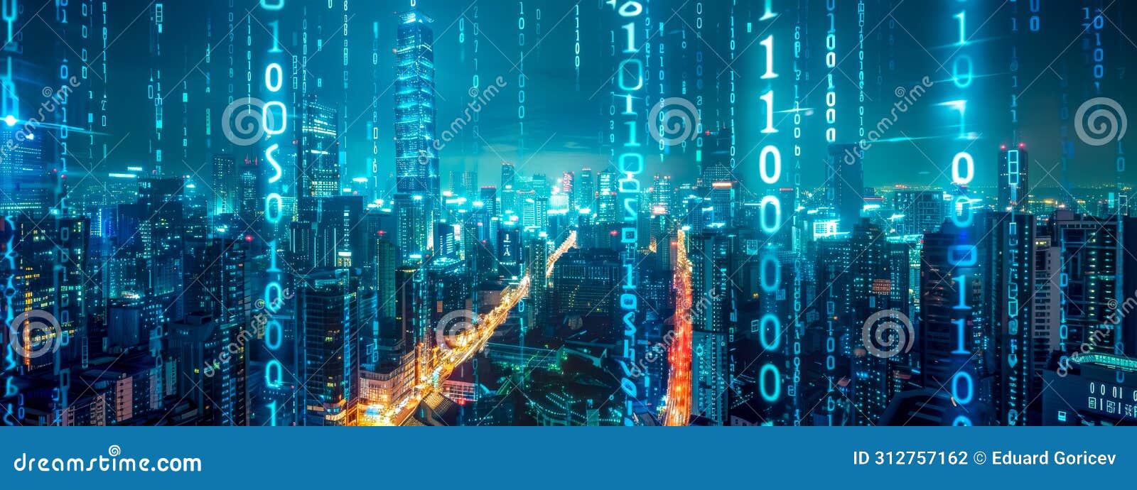 Futuristic Cityscape with Digital Binary Code Overlay Stock Photo ...