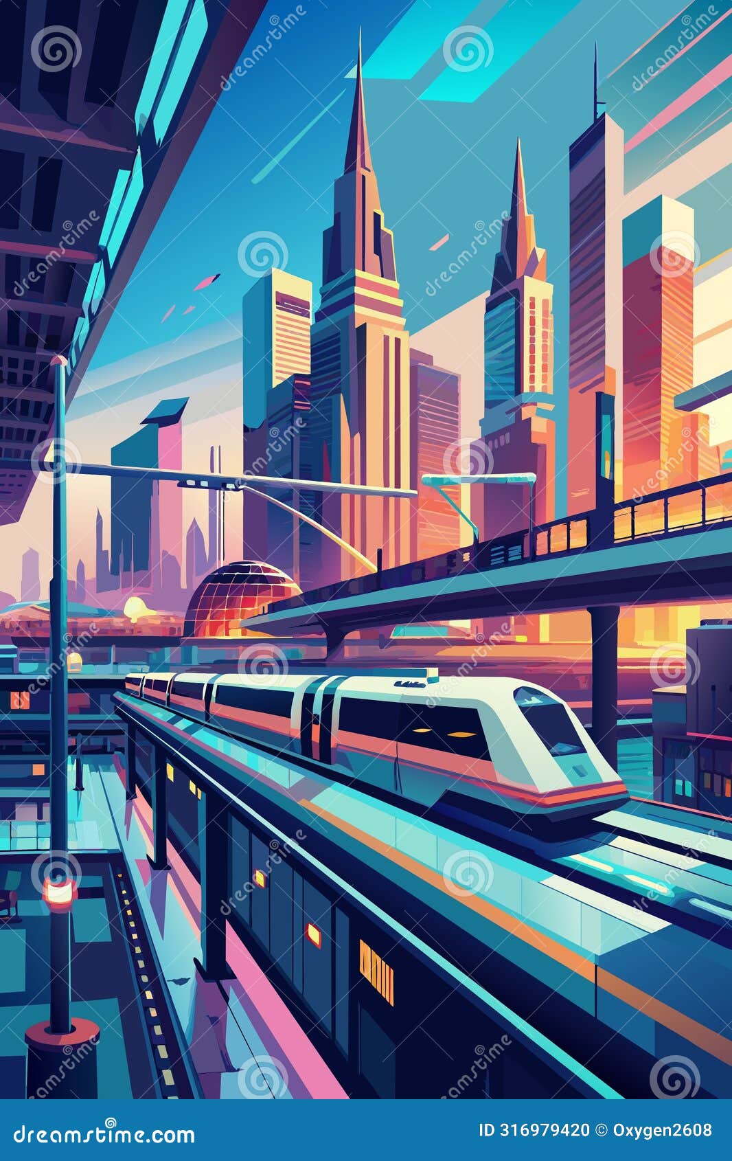 futuristic cityscape with high-speed monorail train at sunset