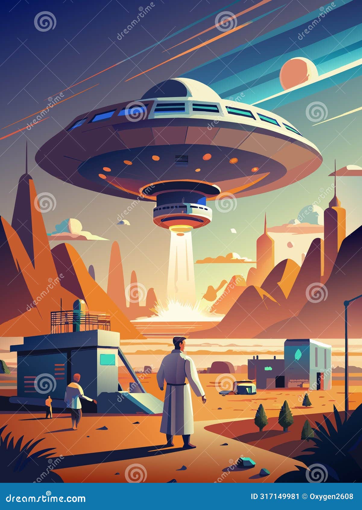 futuristic cityscape with hovering ufo and observing characters