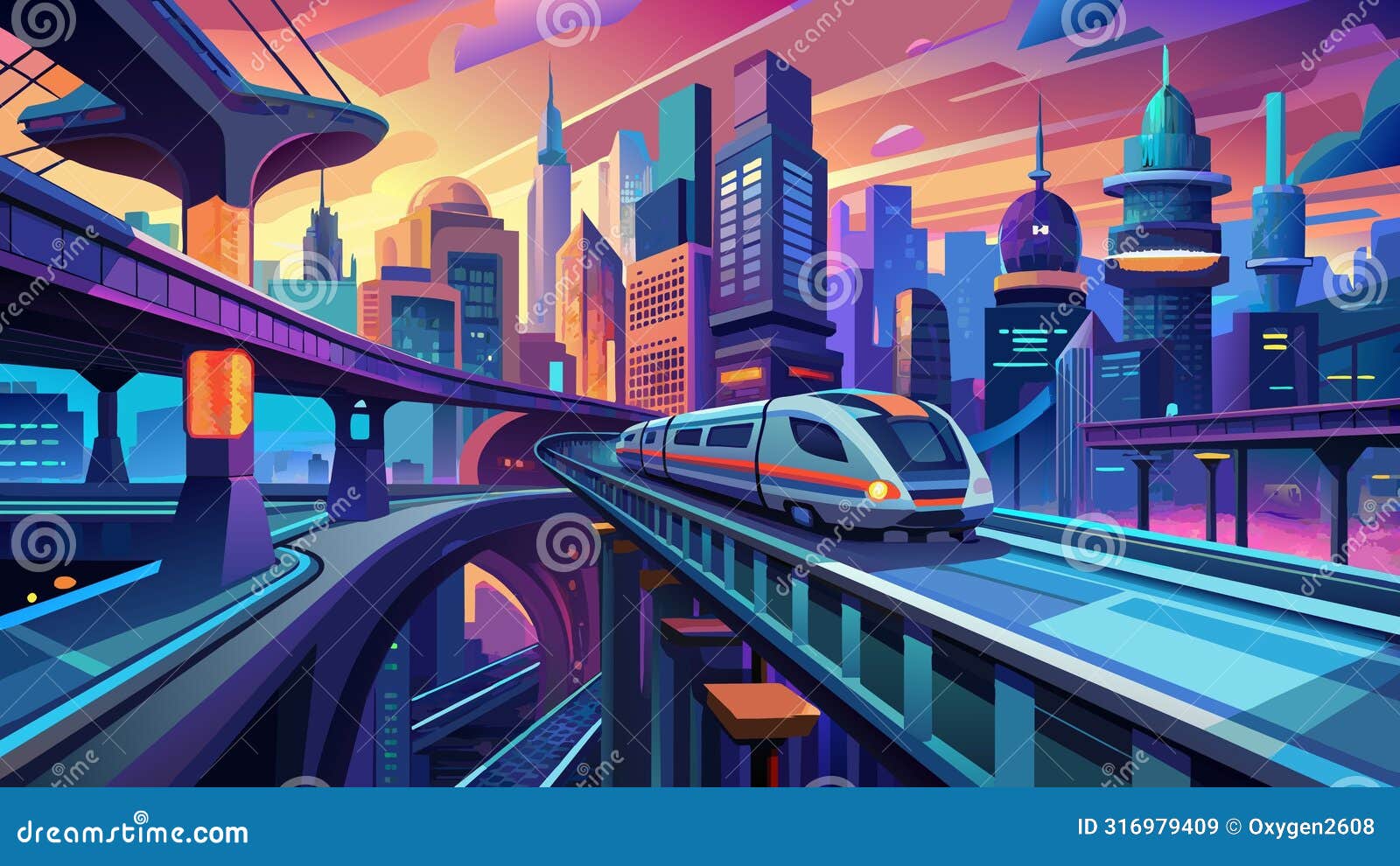 futuristic cityscape with monorail at dusk: vivid urban skyline