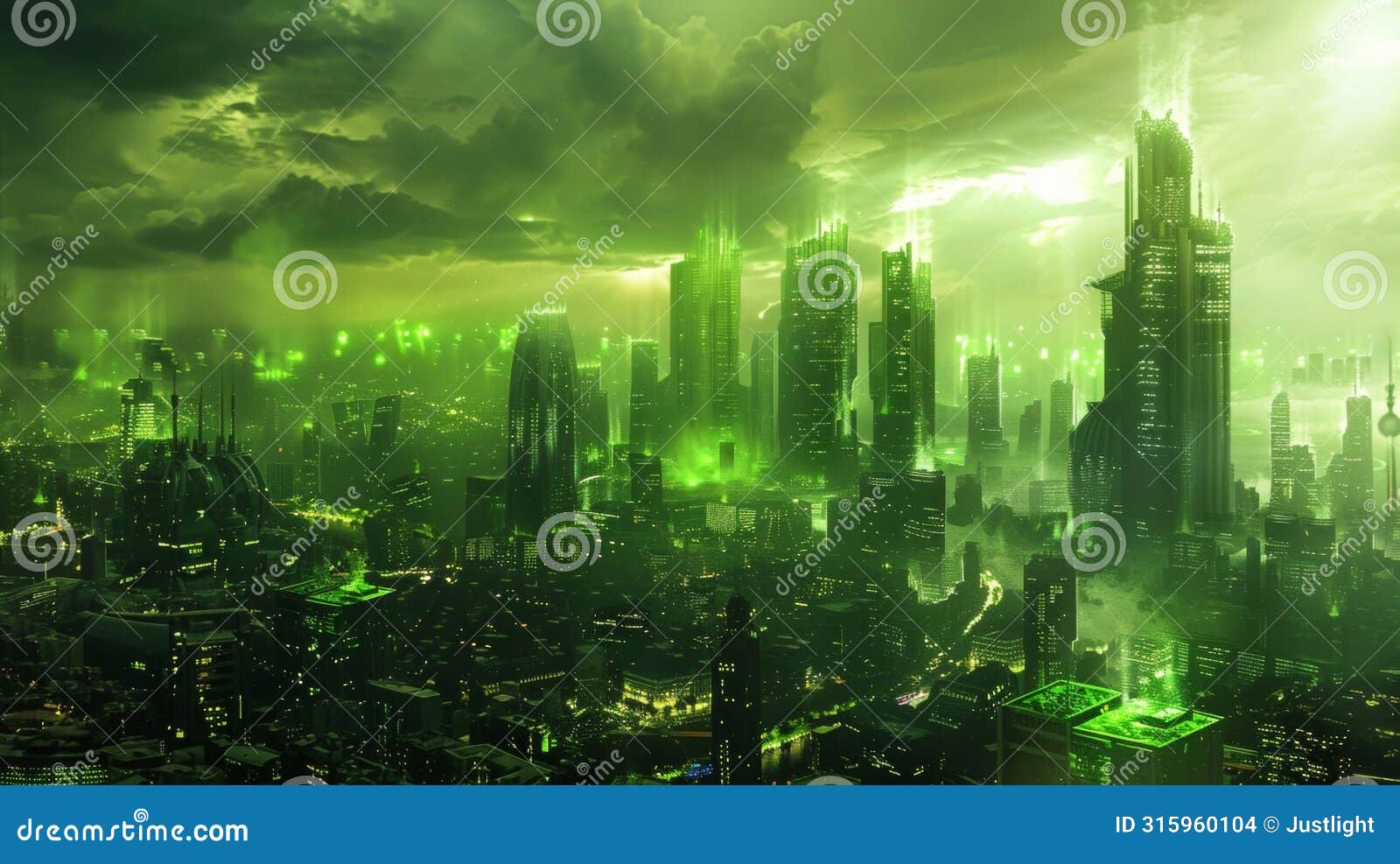 a futuristic cityscape powered solely by the glowing green flames of biofuel illustrating the immense potential and